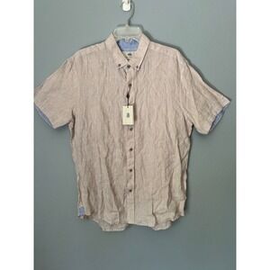 Report Collection Mens 100% Linen Short Sleeve Button Down Shirt Tan Large NWT